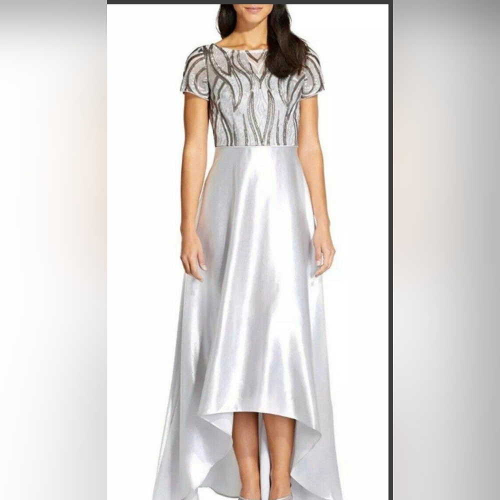 ADRIANNA PAPELL Silver Embroidered Satin High-Low Gown